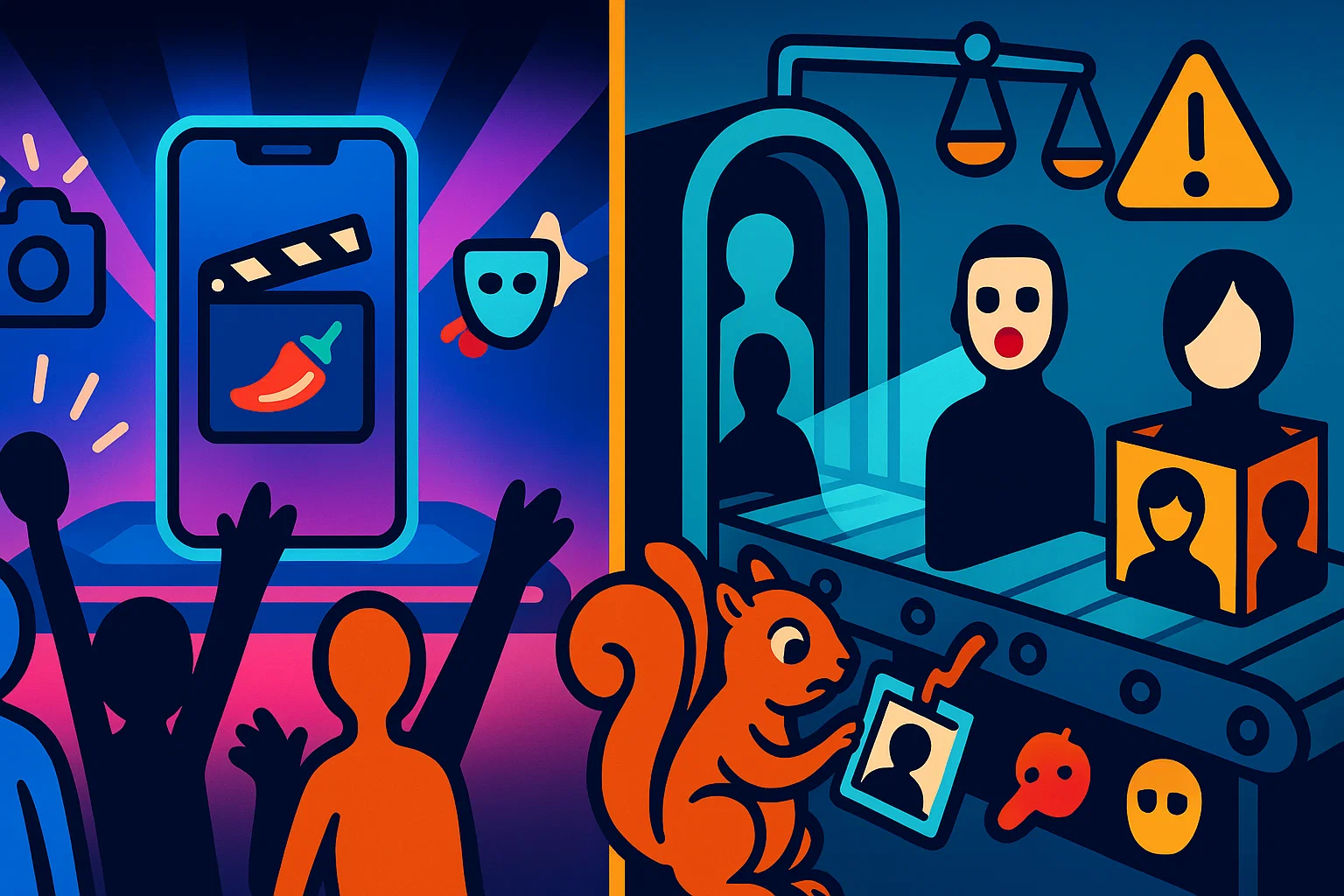 Karikatur: Glänzender Feature-Launch links, Biometrie-Fließband rechts; Waage kippt Richtung „Achtung“.