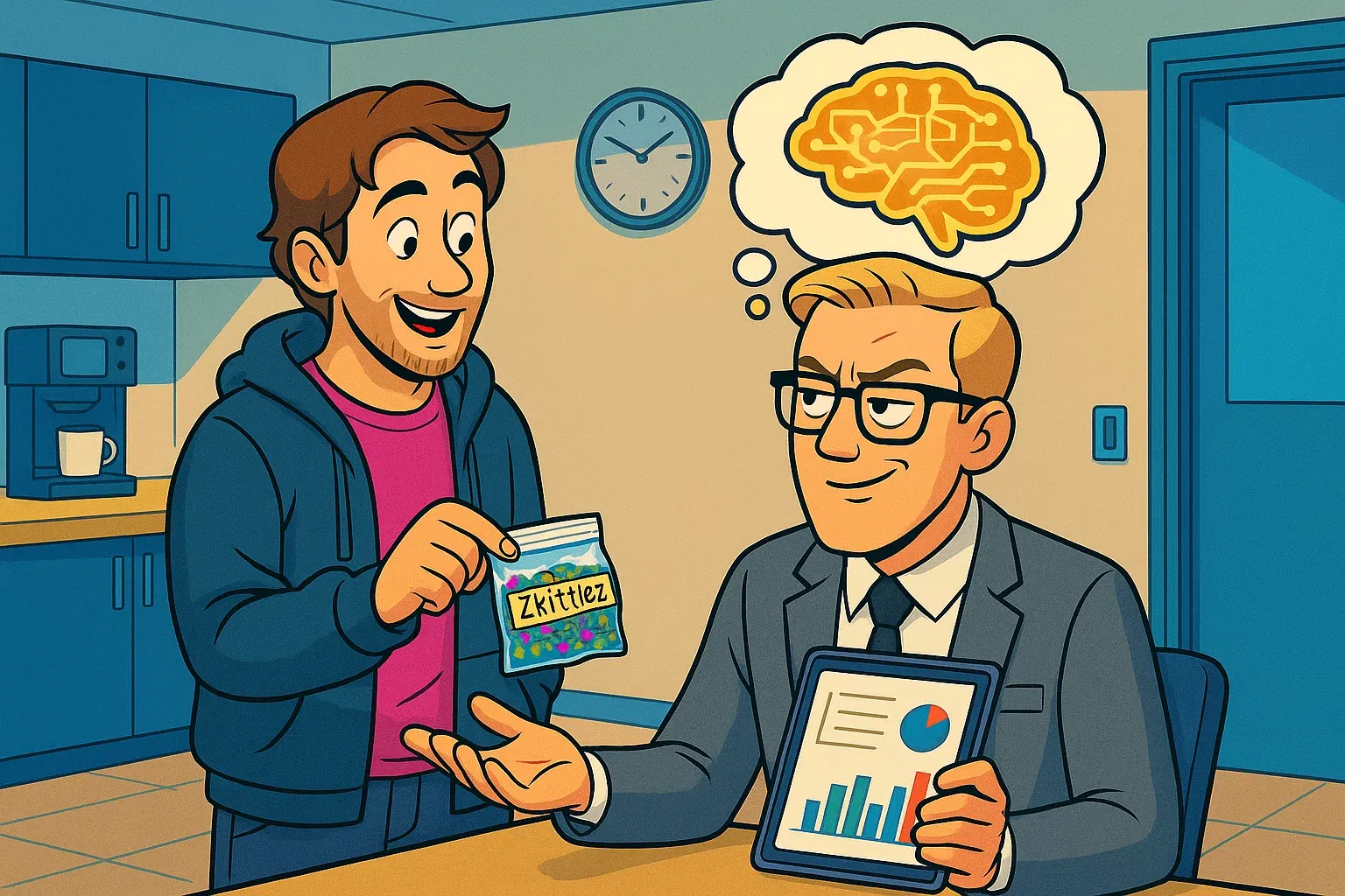 Comic: Max Performance erhält einen Beutel Zkittlez von einem entspannten Kollegen und hält ihn für ein Nootropikum zur Leistungssteigerung.