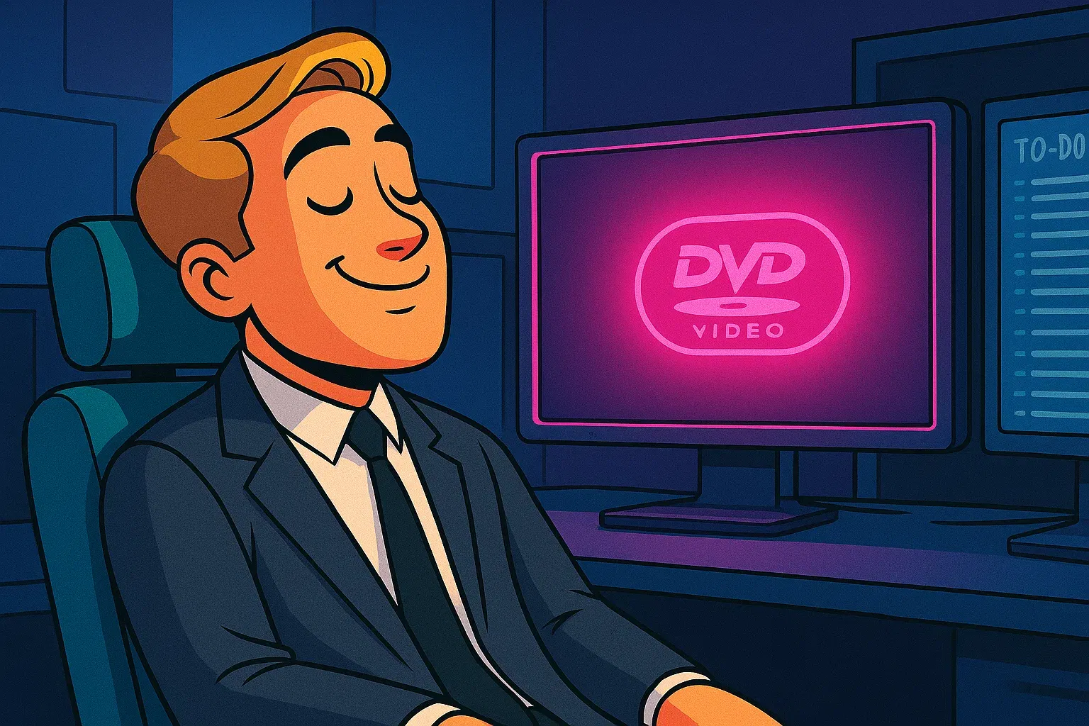 Comic: Max sitzt vor seinen Monitoren, aber statt zu arbeiten, starrt er fasziniert und glücklich auf den Bildschirmschoner.