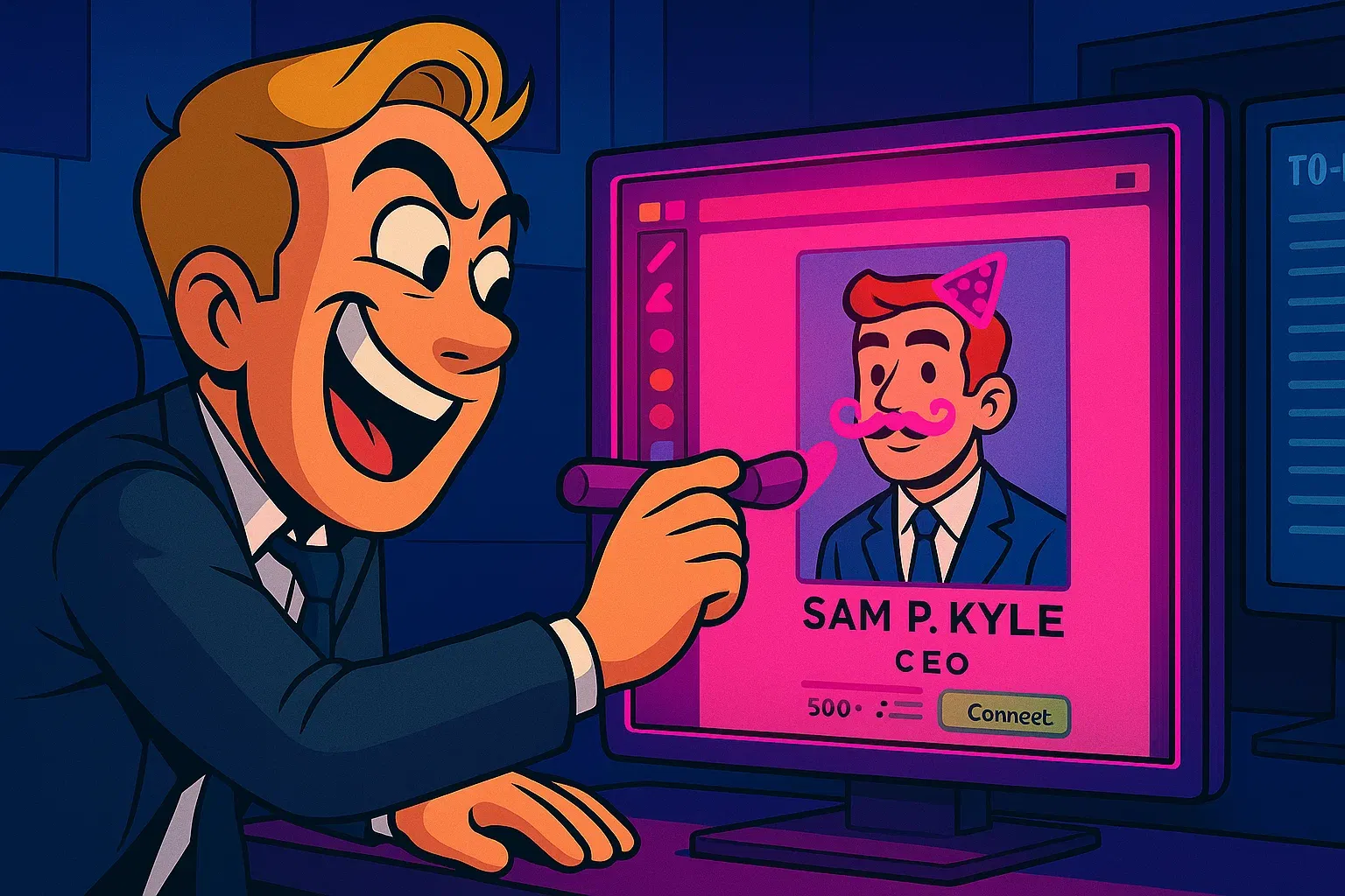 Comic: Max bemalt das LinkedIn-Profil seines CEOs mit kindlichen Kritzeleien in MS Paint.