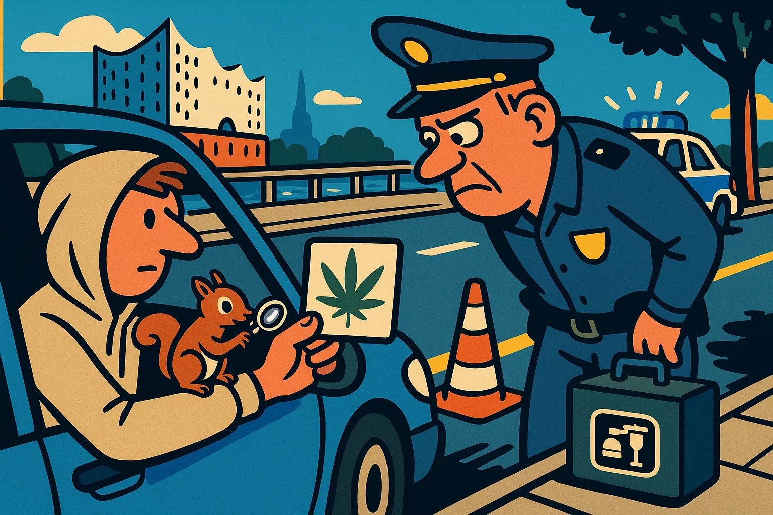 Symbolbild: Ein Richterhammer zerschlägt einen Laptop, auf dem 'Cannabis-Ausweis per Zoom' steht, während im Hintergrund ein Führerschein brennt.