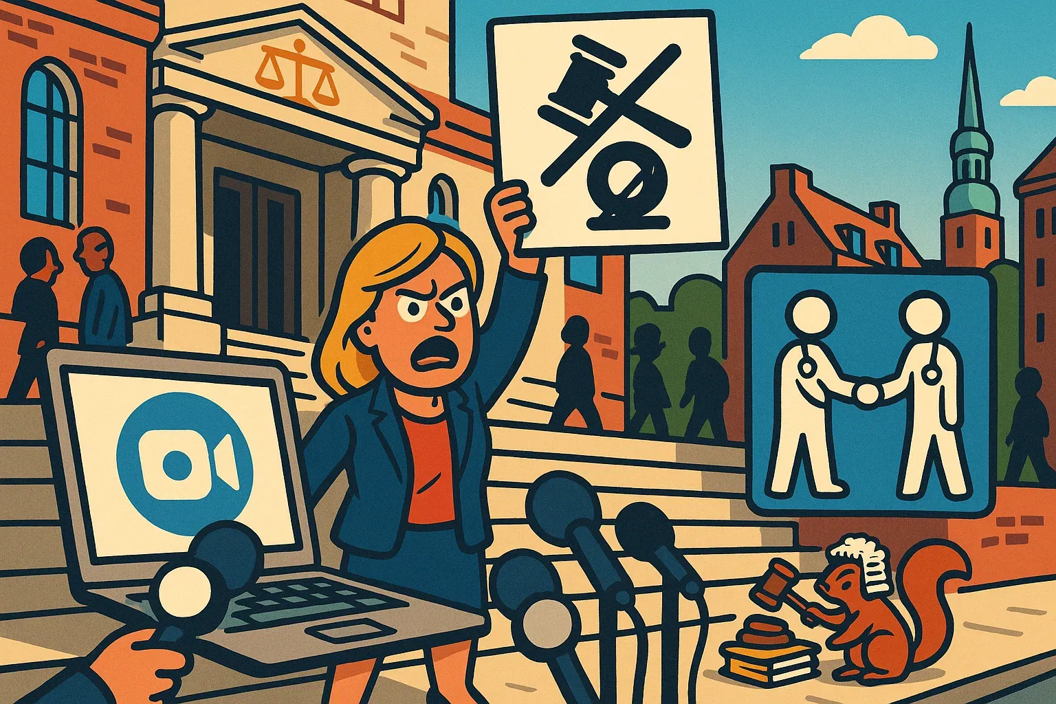 Karikatur: Nina Warken (CDU) hält das Hamburger Urteil triumphierend hoch und zerschlägt damit einen Laptop, auf dem ein Telemedizin-Arzt zu sehen ist.